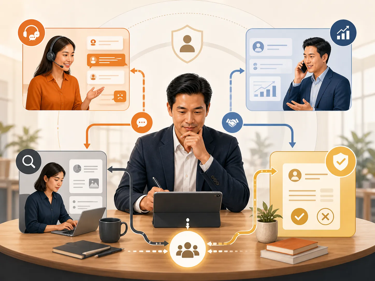 ภาพประกอบแผนผังการเชื่อมต่อ AI Agent เฉพาะทางกับทีมงาน