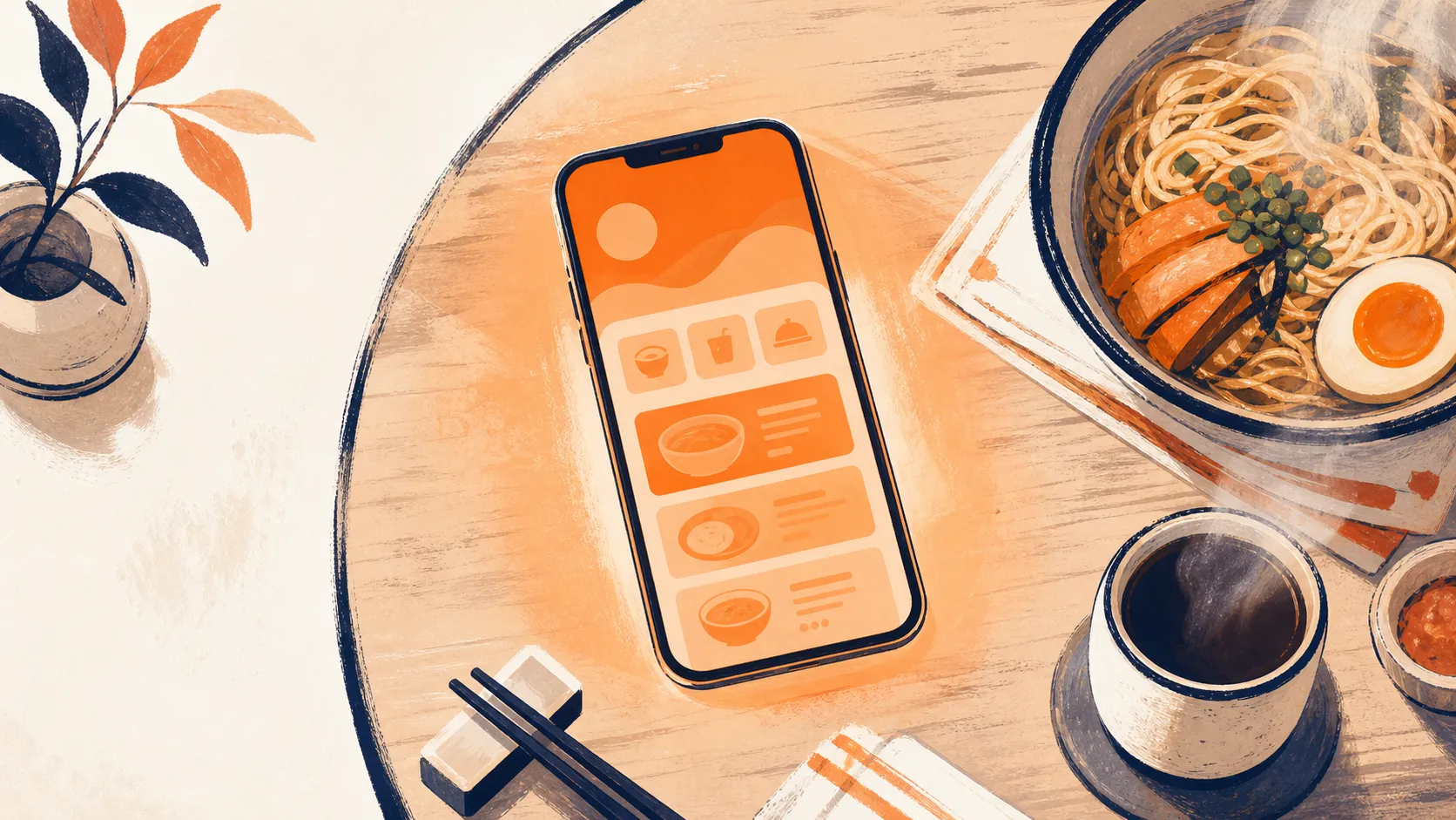 ภาพประกอบร้านอาหารขนาดเล็กใช้งานแอปมือถือที่สร้างด้วย AI