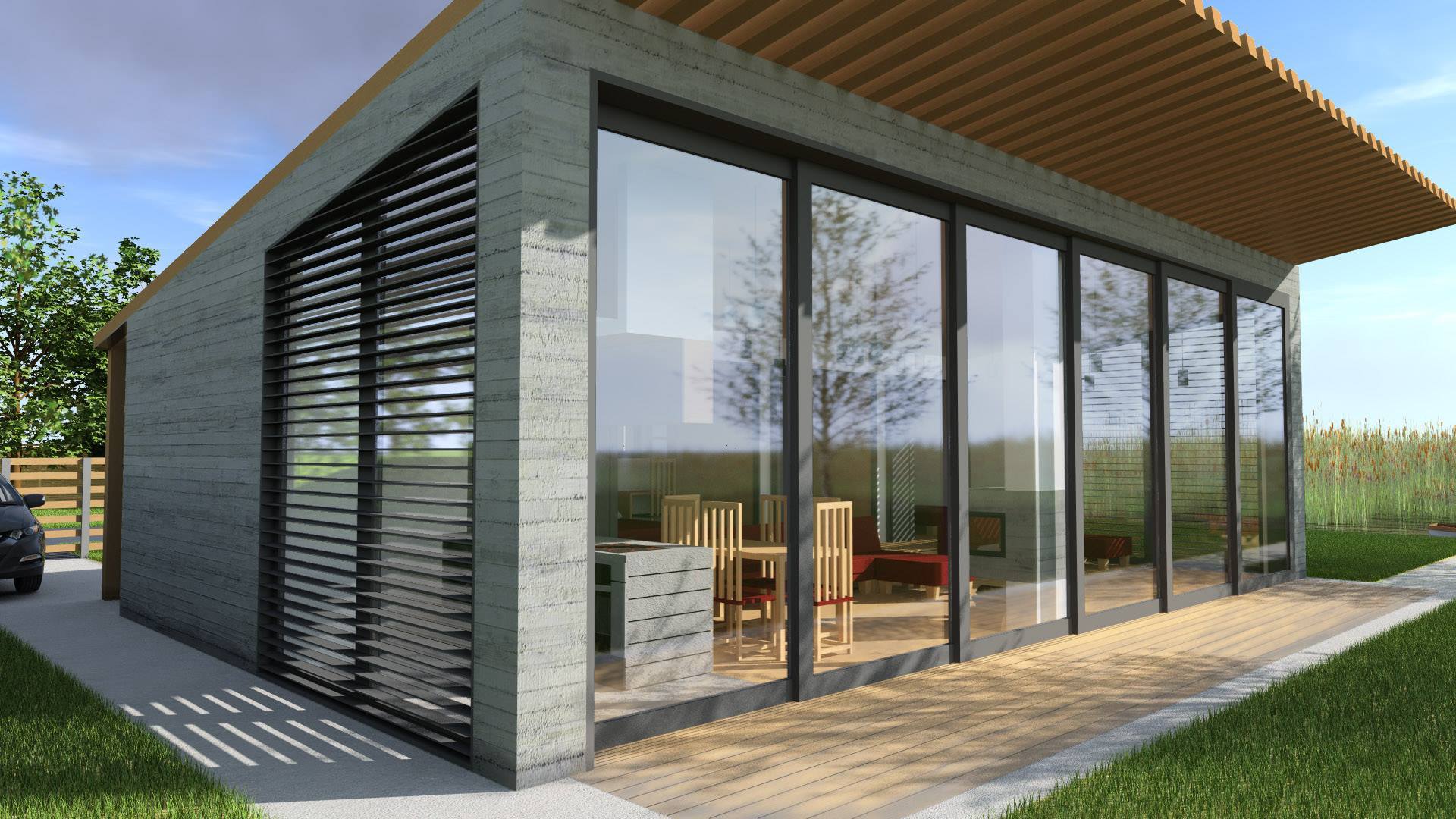 Kleines modernes haus mit glastür zur terrasse - hausdesign, visualisierung - Visuelle Gestaltung eines minimalistischen grauen Betonhauses mit Flachdach, ergänzt durch große Glaswände und eine elegante Holzpergola. Die Glasflächen durchfluten den Innenraum mit natürlichem Licht, während die Jalousien den Innenraum vor sengender Sonne und Hitze schützen.