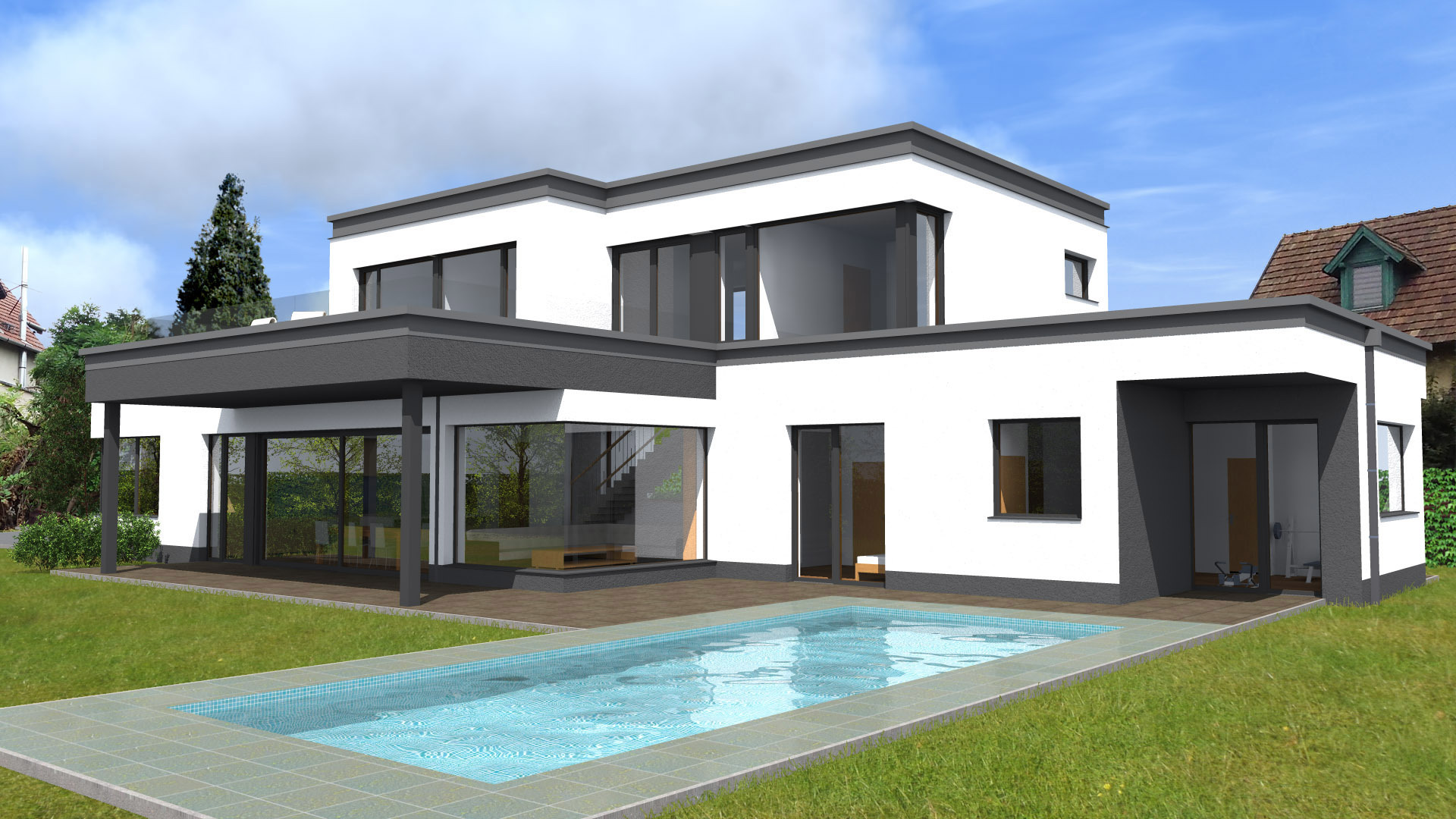 Modernes flachdachhaus mit pool und grossen fenstern - familienhausideen - Schlankes, quadratisches Einfamilienhausdesign mit grauem und weißem Farbschema. Die großen Glasflächen des Gebäudes schaffen helle Innenräume und die Terrasse ist durch Glasschiebetüren verbunden, die einen direkten Zugang zum Außenpool ermöglichen. Das schlichte, moderne Design – minimalistischer Stil