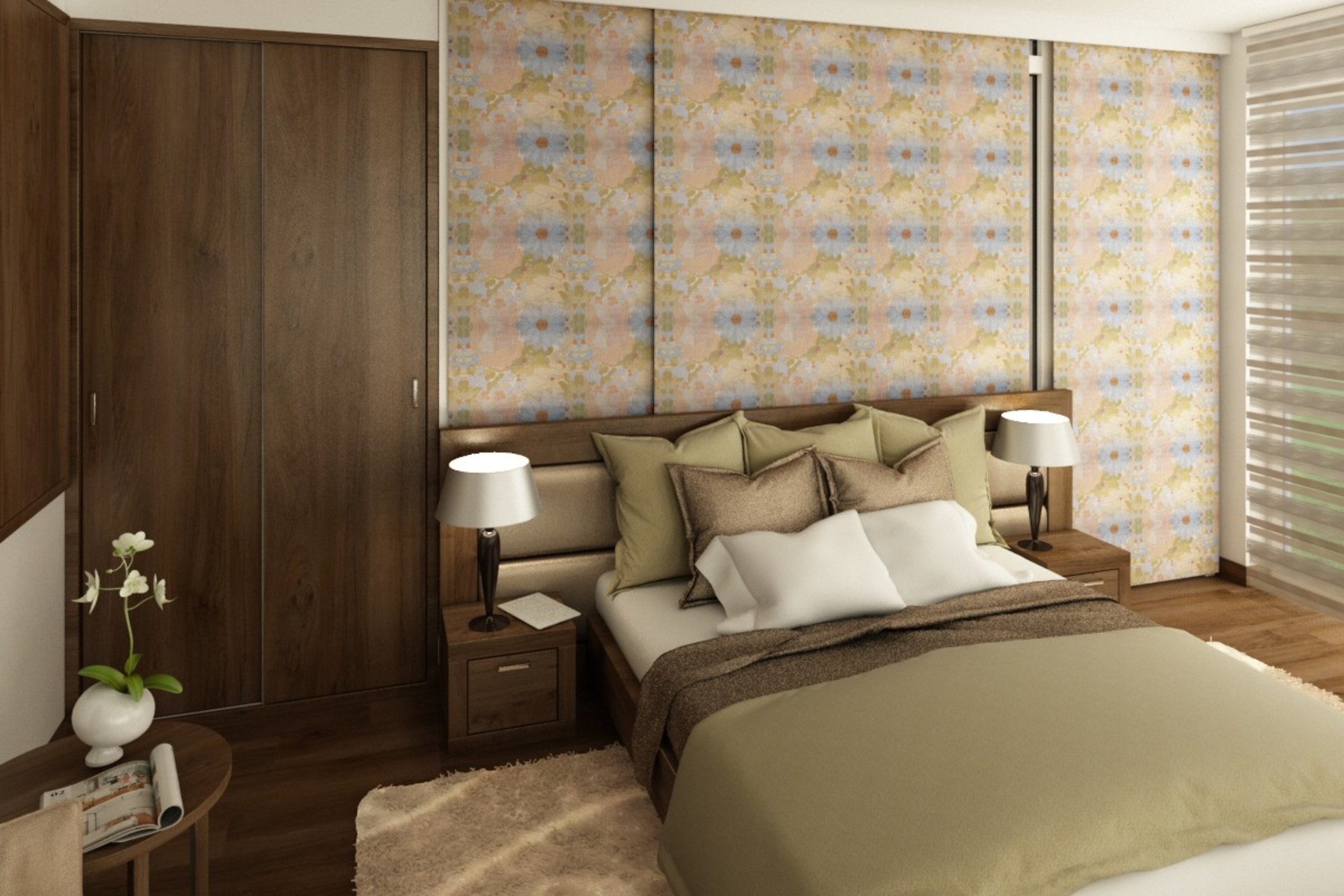 Ein Schlafzimmer in warmen, natürlichen Farben und Mustern, in dem Holzmöbel und blumengemusterte Tapeten eine harmonische, entspannte Atmosphäre schaffen - Ein Schlafzimmer mit warmen, natürlichen Farben und Mustern, in dem Holzmöbel und floral gemusterte Tapeten eine harmonische, ruhige Atmosphäre schaffen.