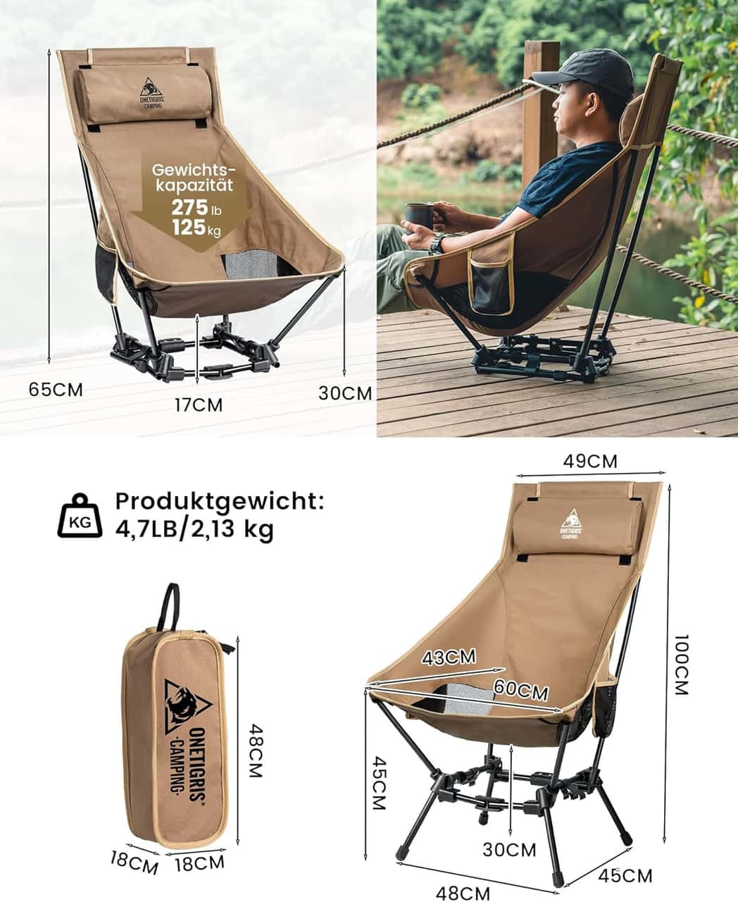OneTigris DRAGONHIDE hopfällbar campingstol med hög rygg