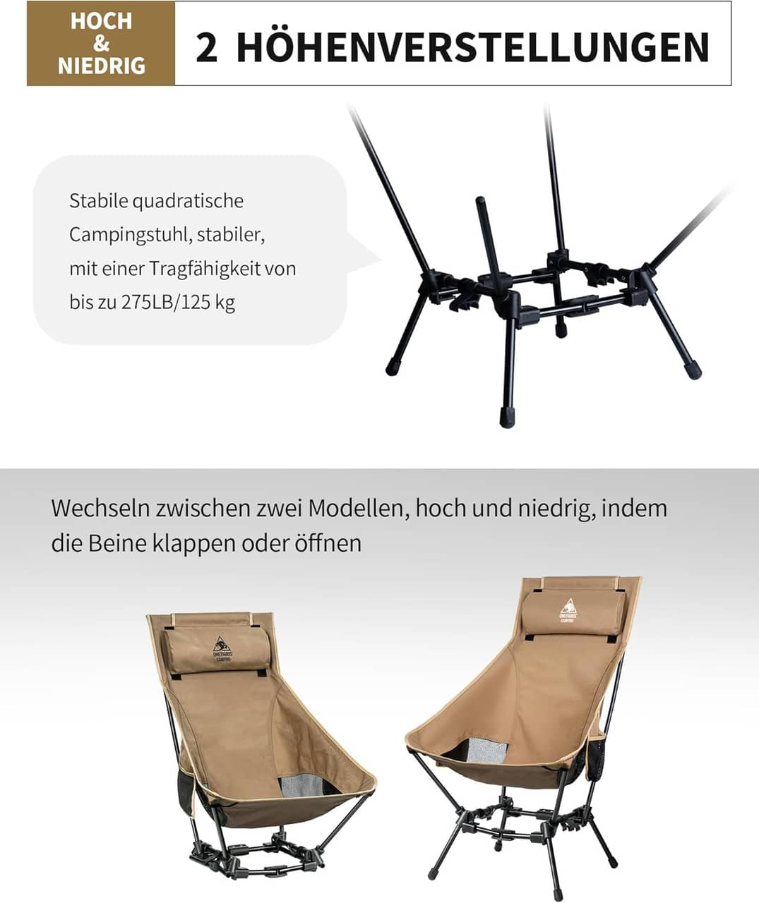 OneTigris DRAGONHIDE hopfällbar campingstol med hög rygg