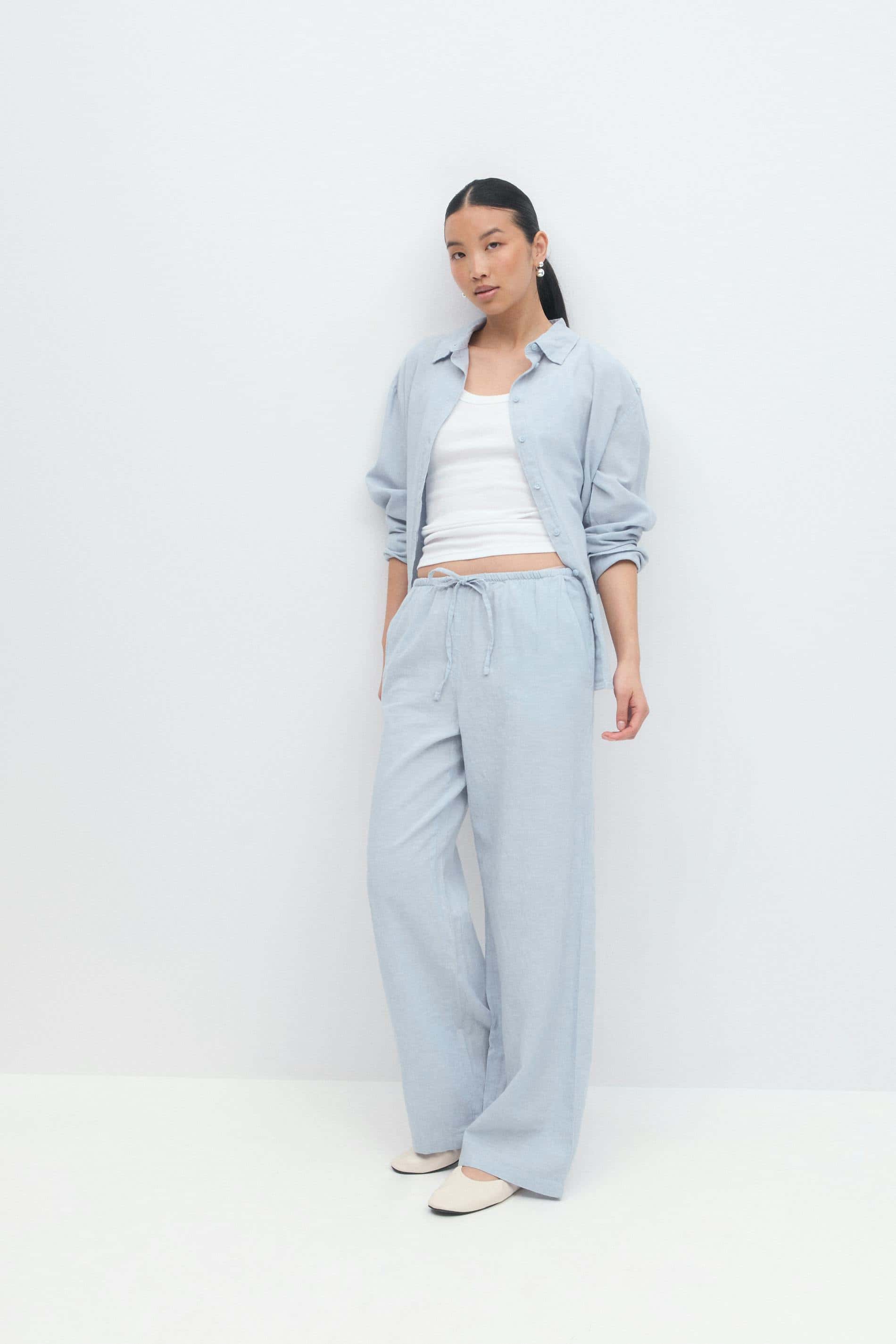 Linen Blend Blue Women's Trousers