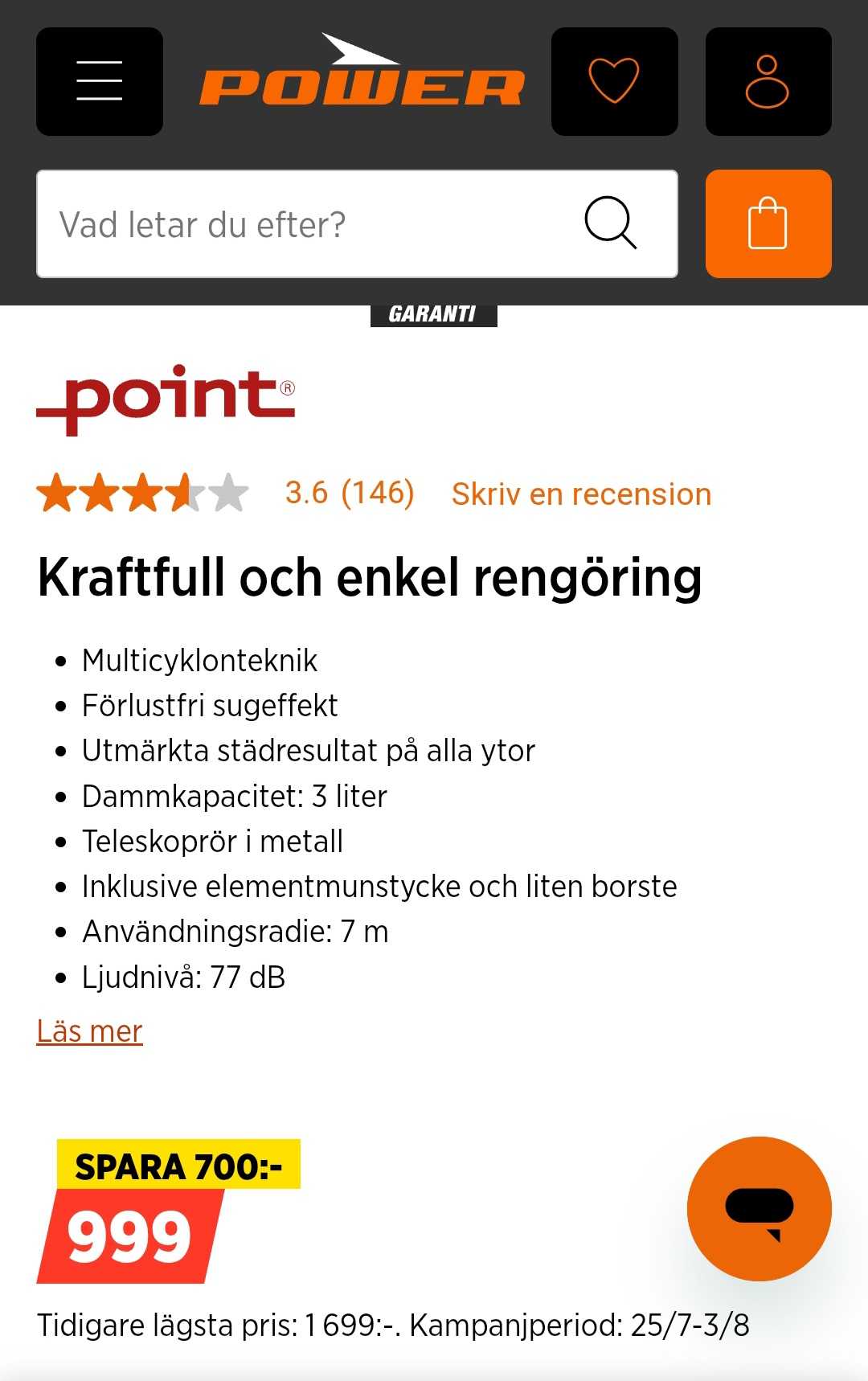 Point POVCB50GR Påslös Dammsugare