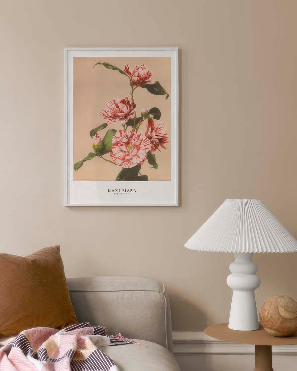 Ogawa Kazumasa Striped Camellias Beige Poster