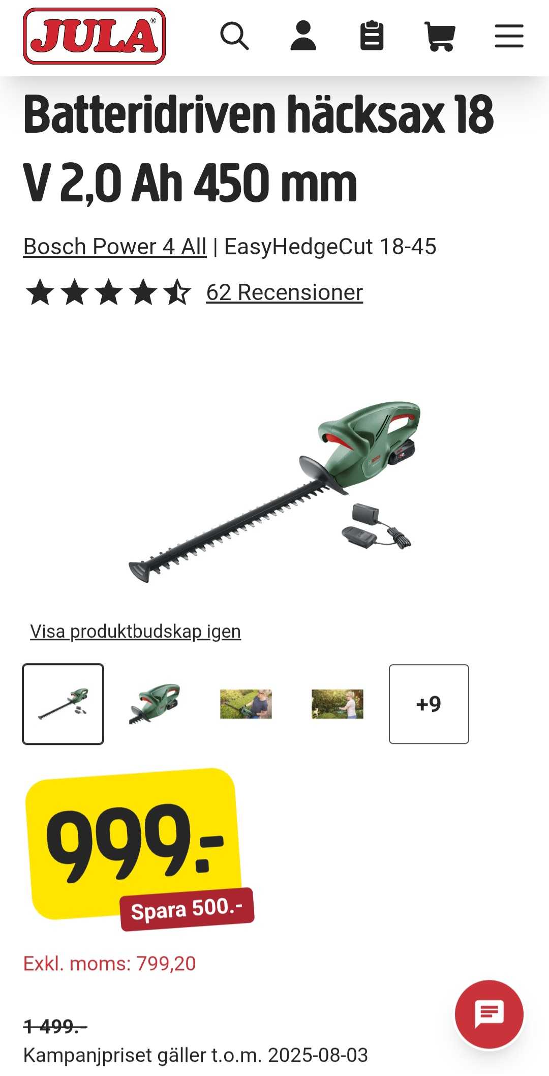 Bosch EasyHedgeCut 18-45 Batteridriven Häcksax 18V