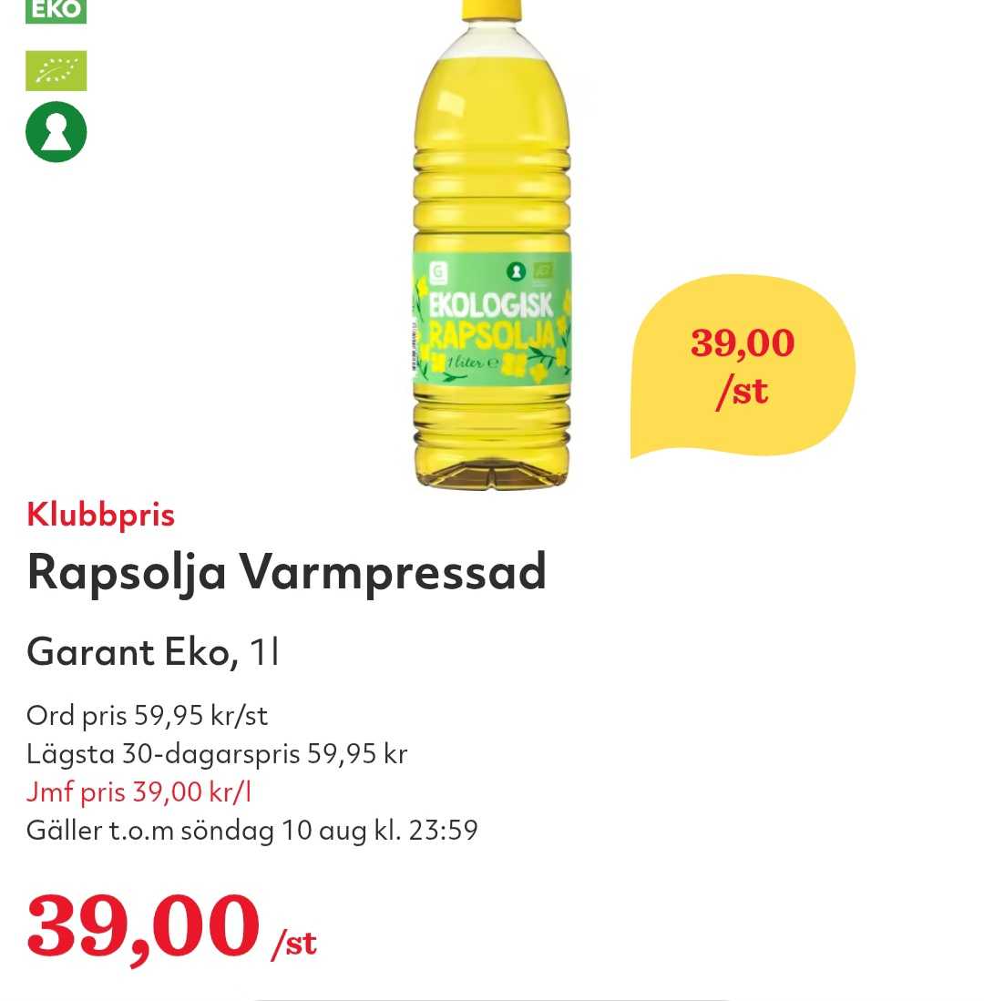 Garant Eko Varmpressad Rapsolja 1L