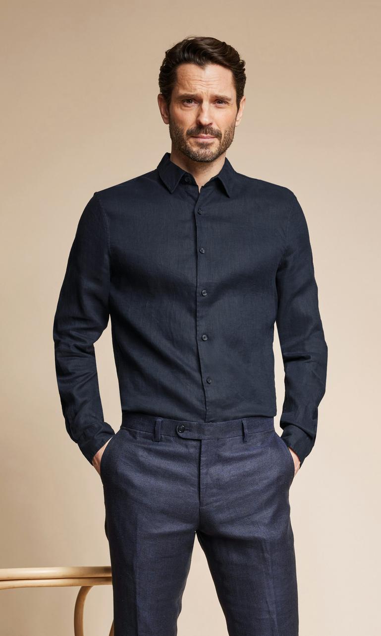 Premium Marinblå Herr Linneskjorta 100%