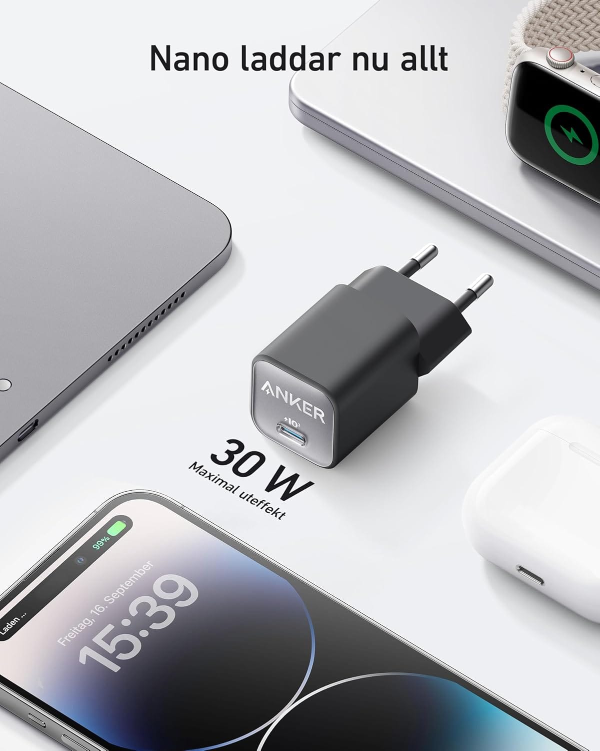 Anker 30W USB-C GaN snabbladdare för iPhone/Galaxy/iPad