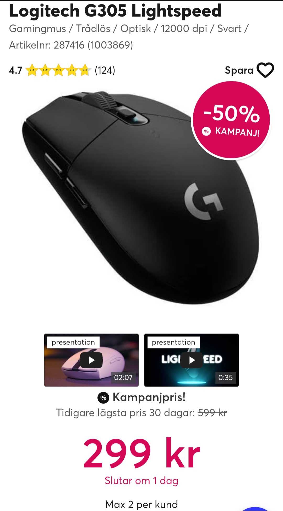 Logitech G305 Lightspeed Wireless Mouse - Svart