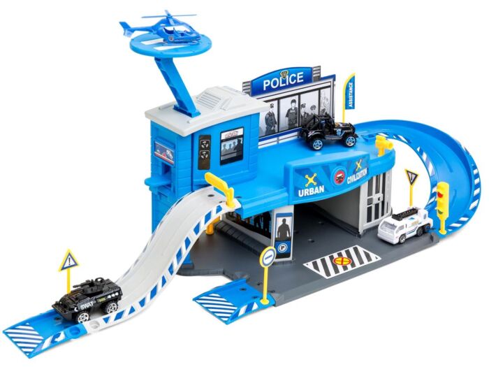 Polisgarage med 2 bilar och helikopter