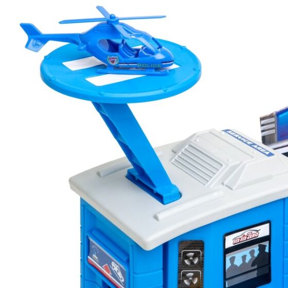 Polisgarage med 2 bilar och helikopter