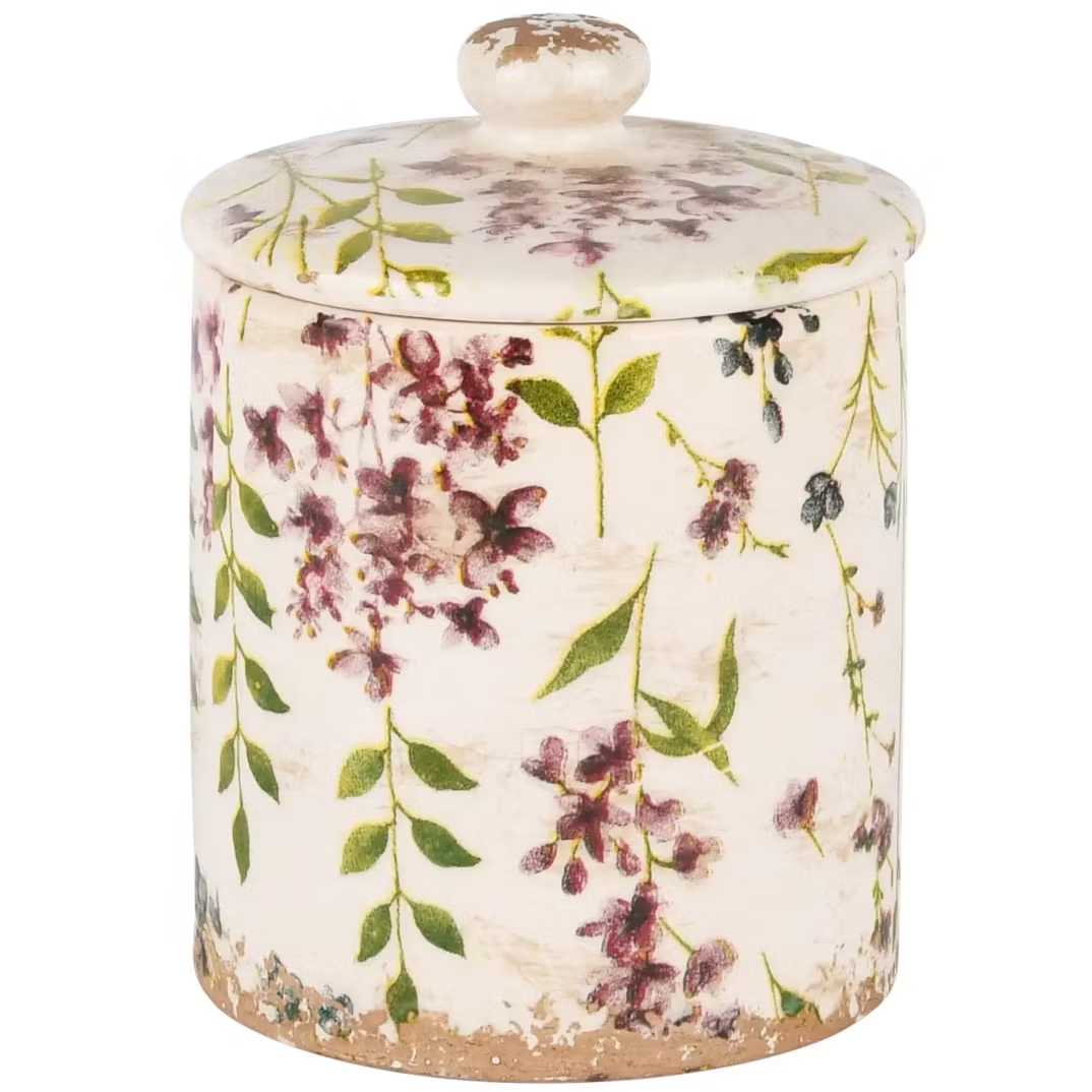 Burk med lock i lila blommor