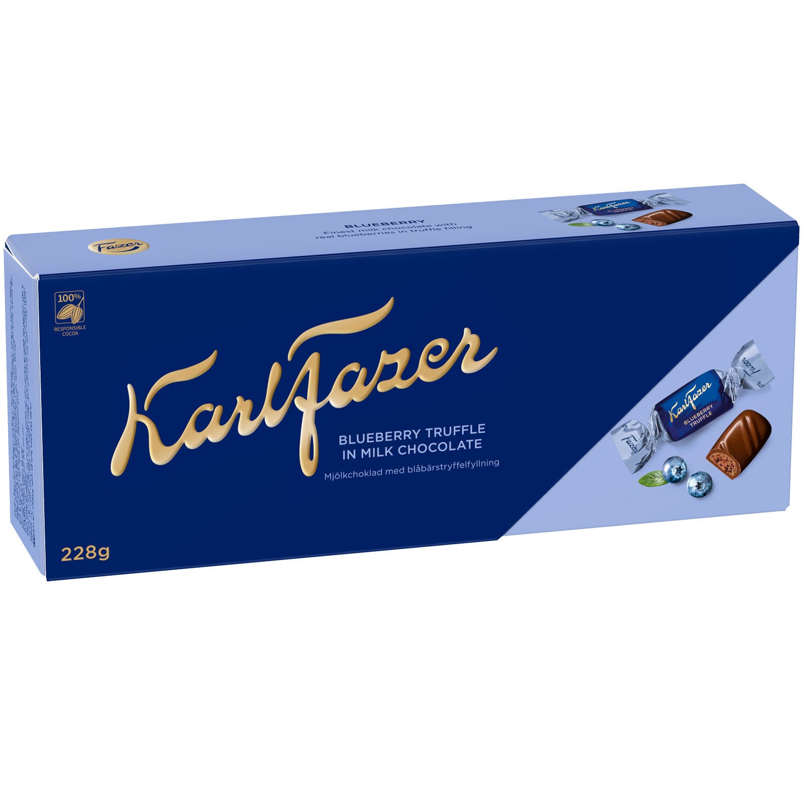 Fazer. Blueberry tryfflar 228 g . 3 för 99 kr.