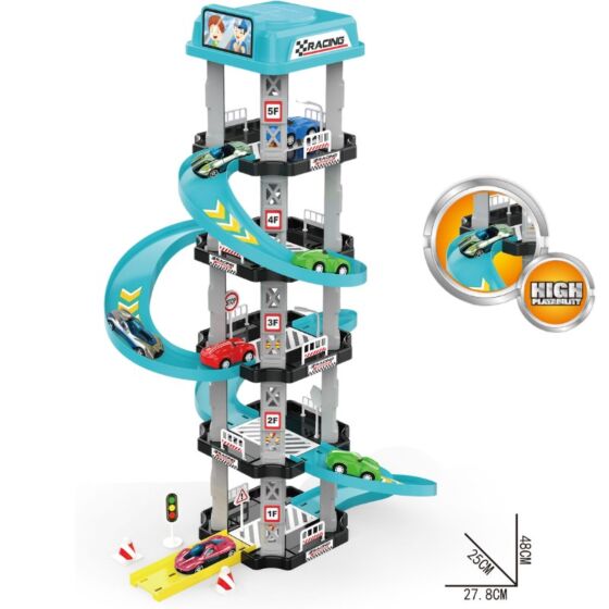 Parkeringshus med helikopterplatta och bilar