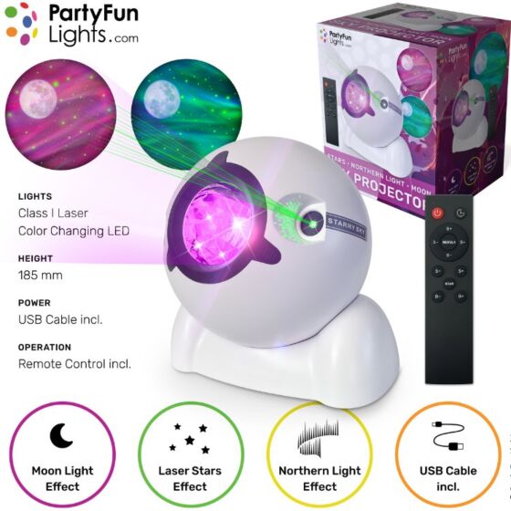 Laserprojektor med stjärnor och norrsken