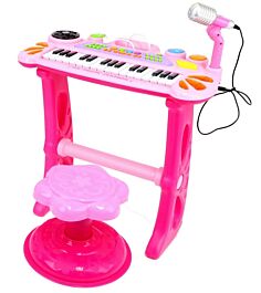 Rosa keyboard med mikrofon och pall