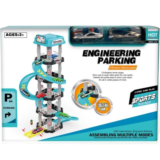 Parkeringshus med helikopterplatta och 2 leksaksbilar - 5 våningar