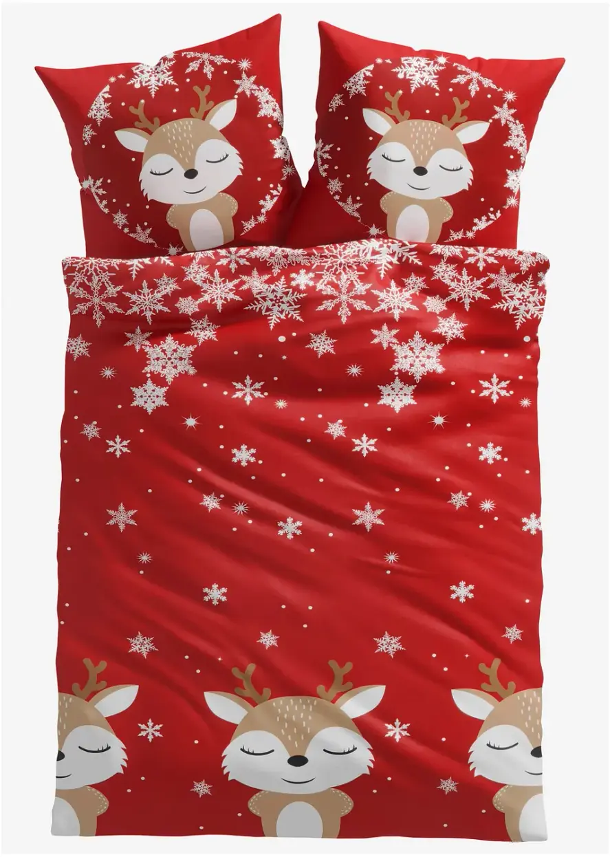 Rött påslakanset med renmönster