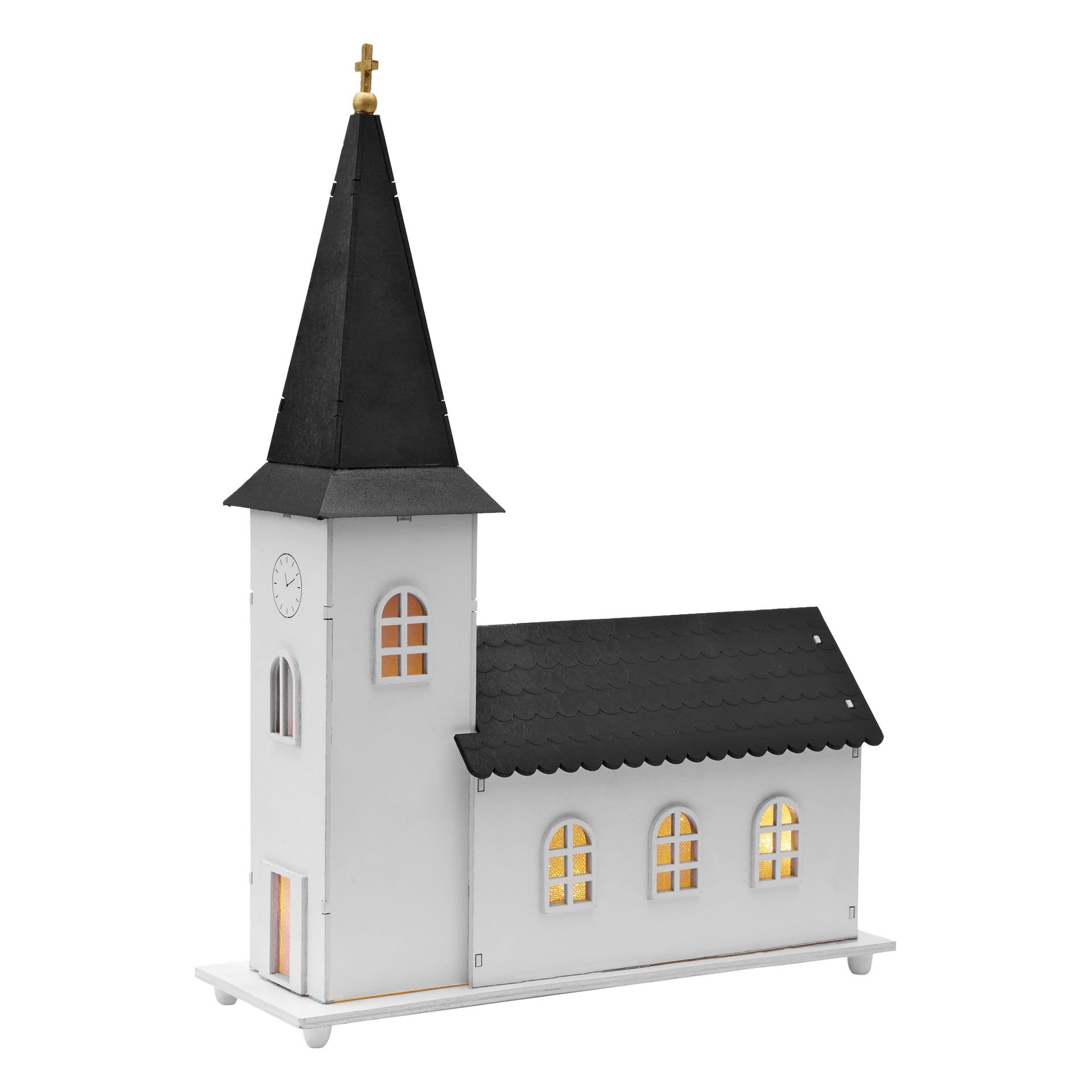 Kyrka med LED-belysning och speldosa 40 cm
