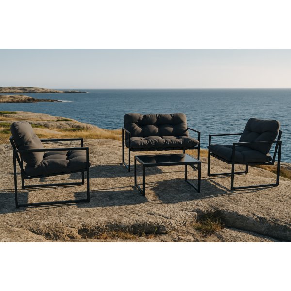 Utegrupp med bord, fåtöljer och soffa