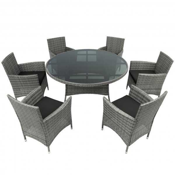 Rund grå matgrupp utomhus med 6 stolar