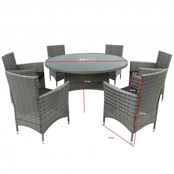 Rund grå matgrupp utomhus med 6 stolar