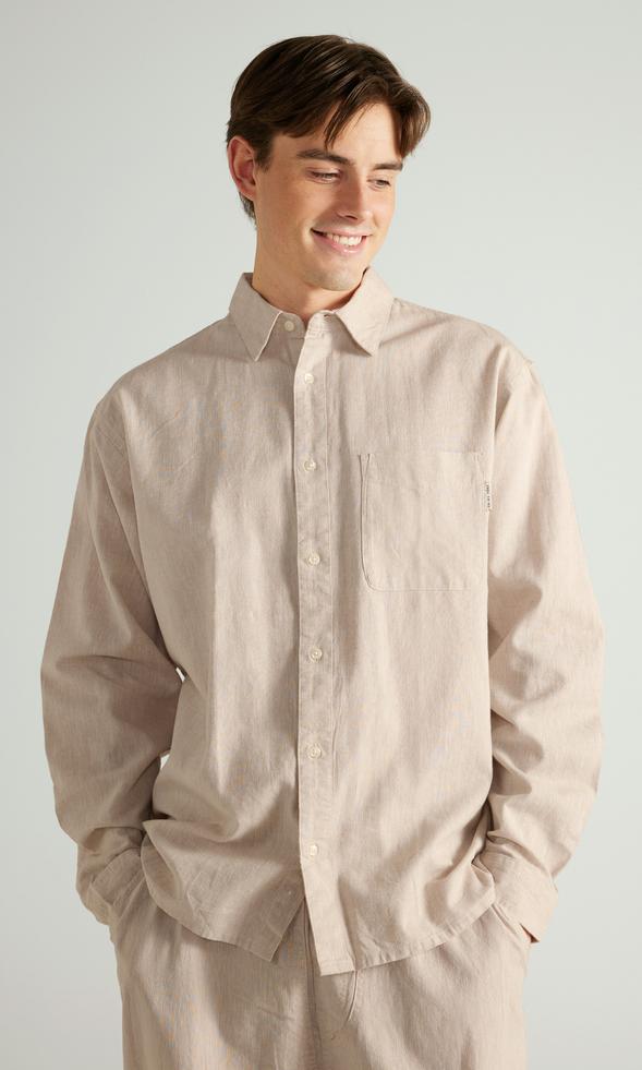 Yôke Långärmad Ljusbrun Linneskjorta Herr