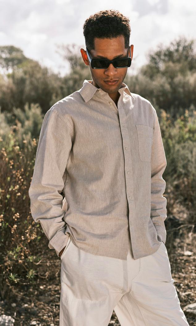 Yôke Långärmad Ljusbrun Linneskjorta Herr