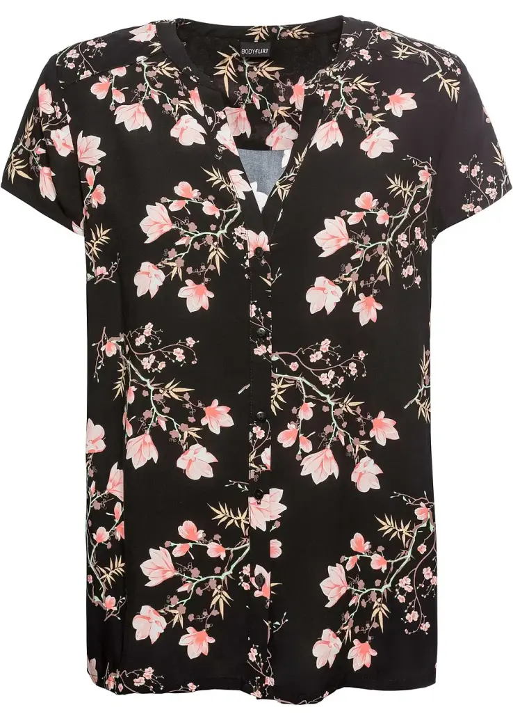 Elegant blommig kortärmad blus svart