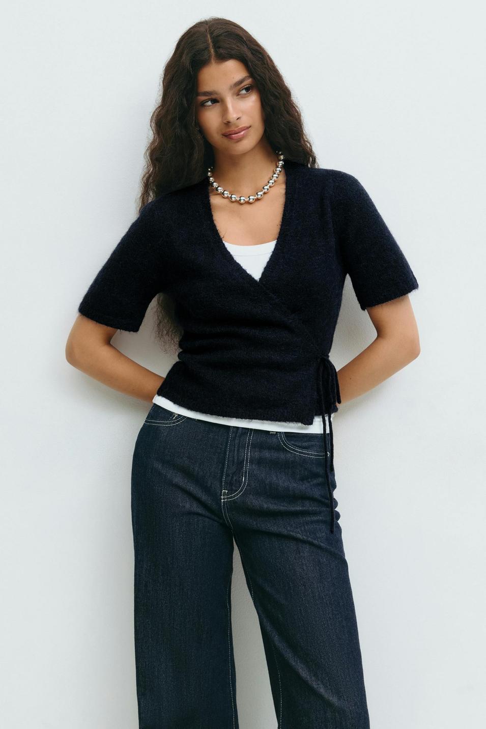 Blå Stickad Omlottopp för Dam