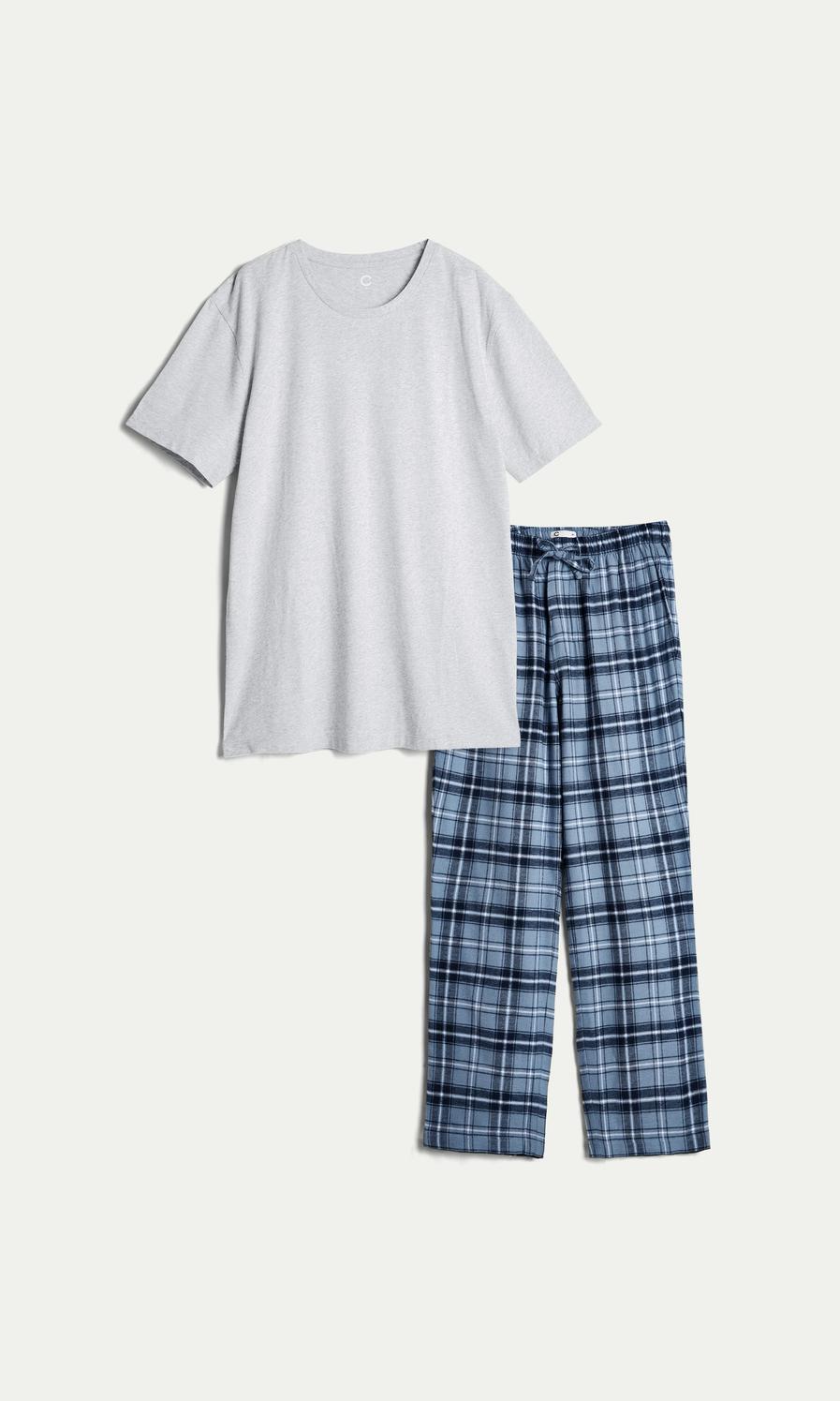 Grå Melerad Pyjamas med Flanellbyxor Herr