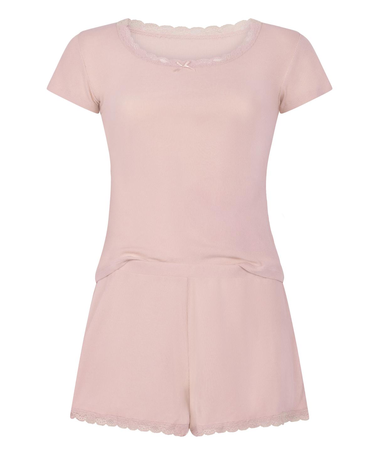 Ribbad Pyjamasset med Spetsdetaljer