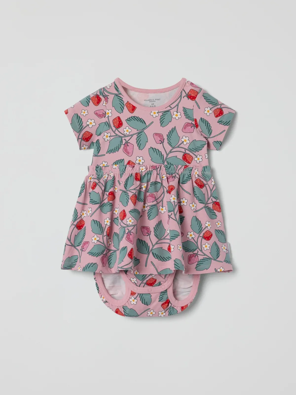 Ljusrosa klänningsbody med jordgubbar