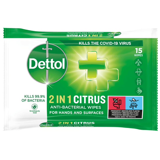 Dettol 2-in-1 Desinfektionswipes för Händer & Ytor 15 st