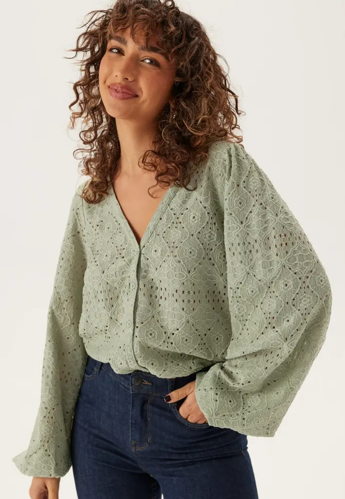 Green Volume Sleeve Button Blouse