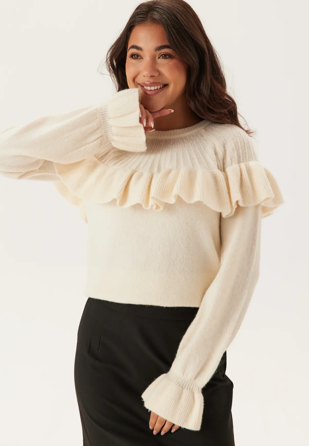 White Flounce Knit Sweater
