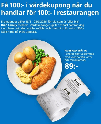 Handla för 100 kr i IKEA:s restaurang – få värdekupong