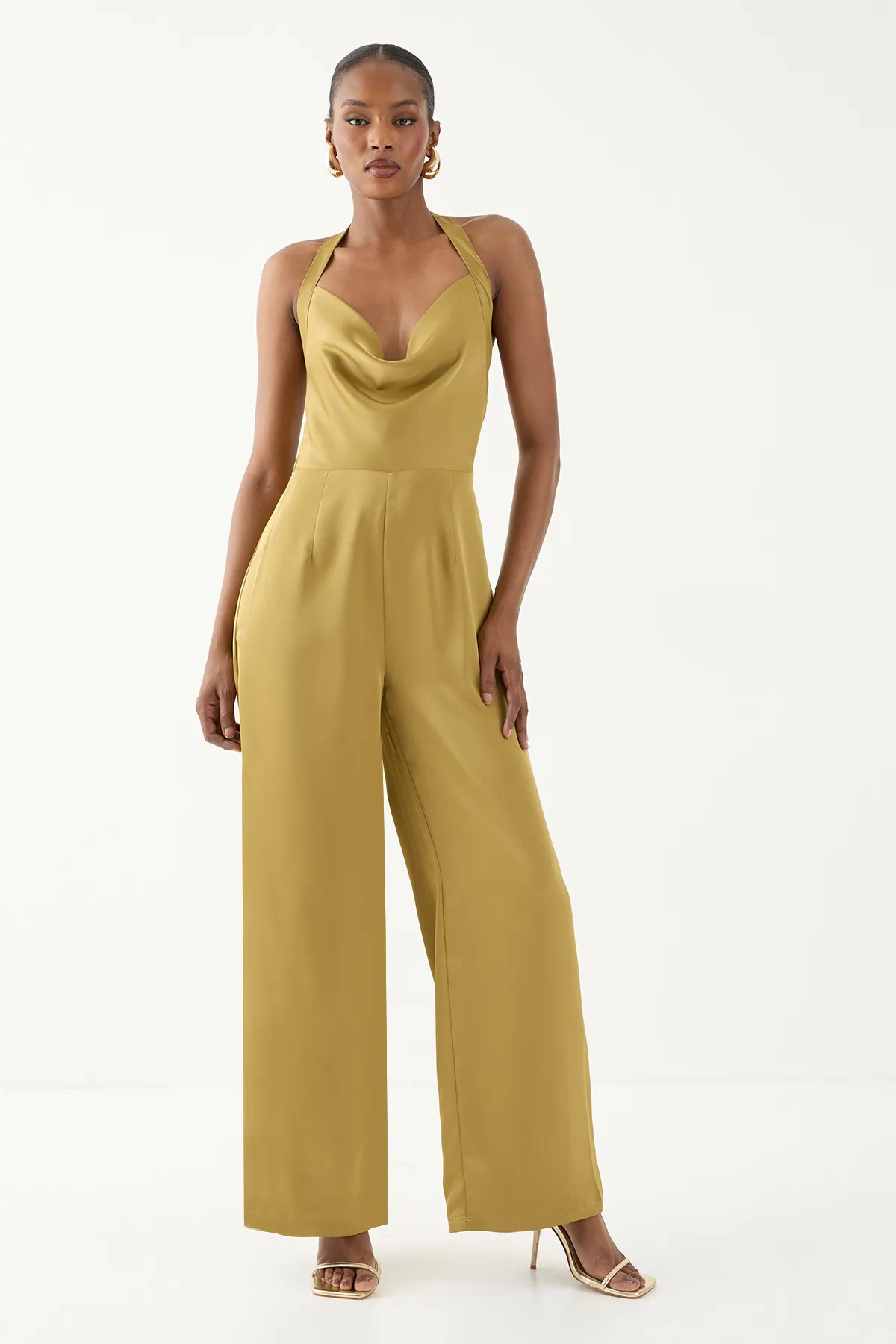 Green Satin Cowl Halterneck Jumpsuit