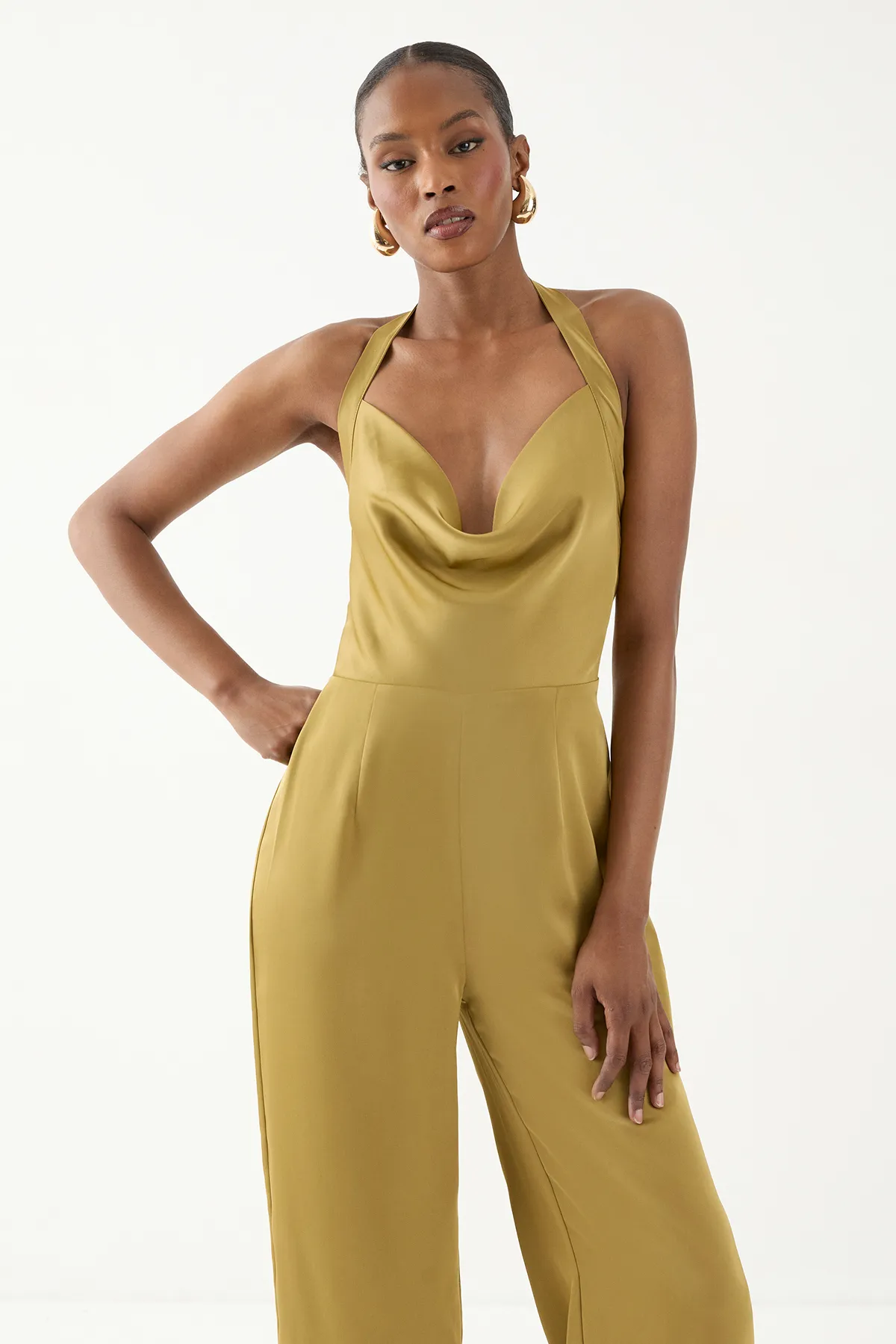 Green Satin Cowl Halterneck Jumpsuit