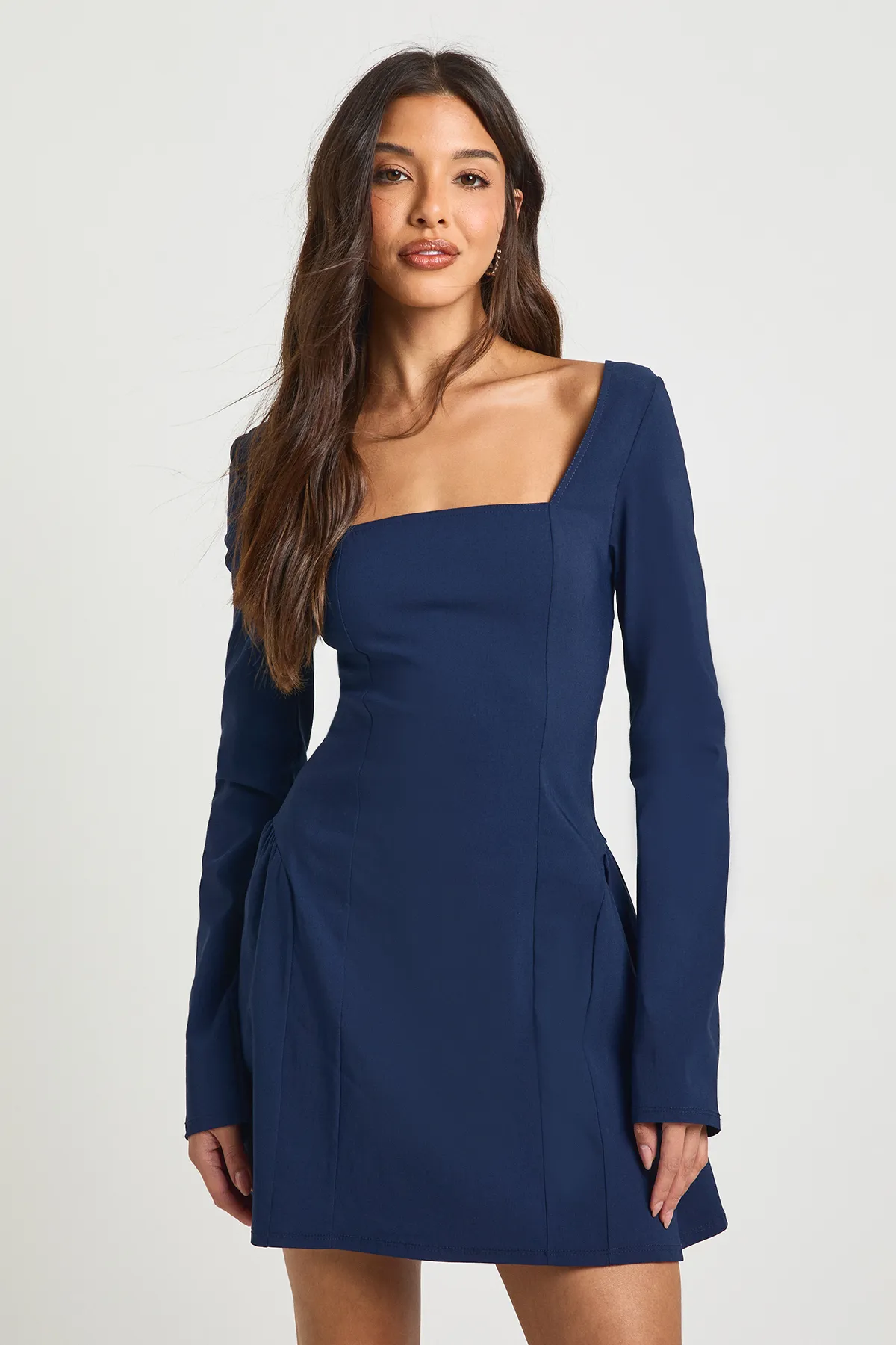 Marinblå Bengaline Klänning med Fyrkantig Hals