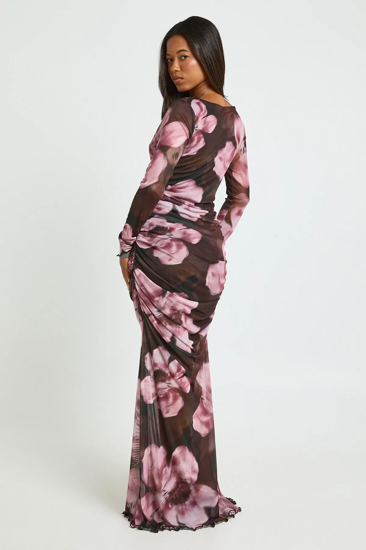 Chocolate Blommig Rynkad Mesh Maxiklänning