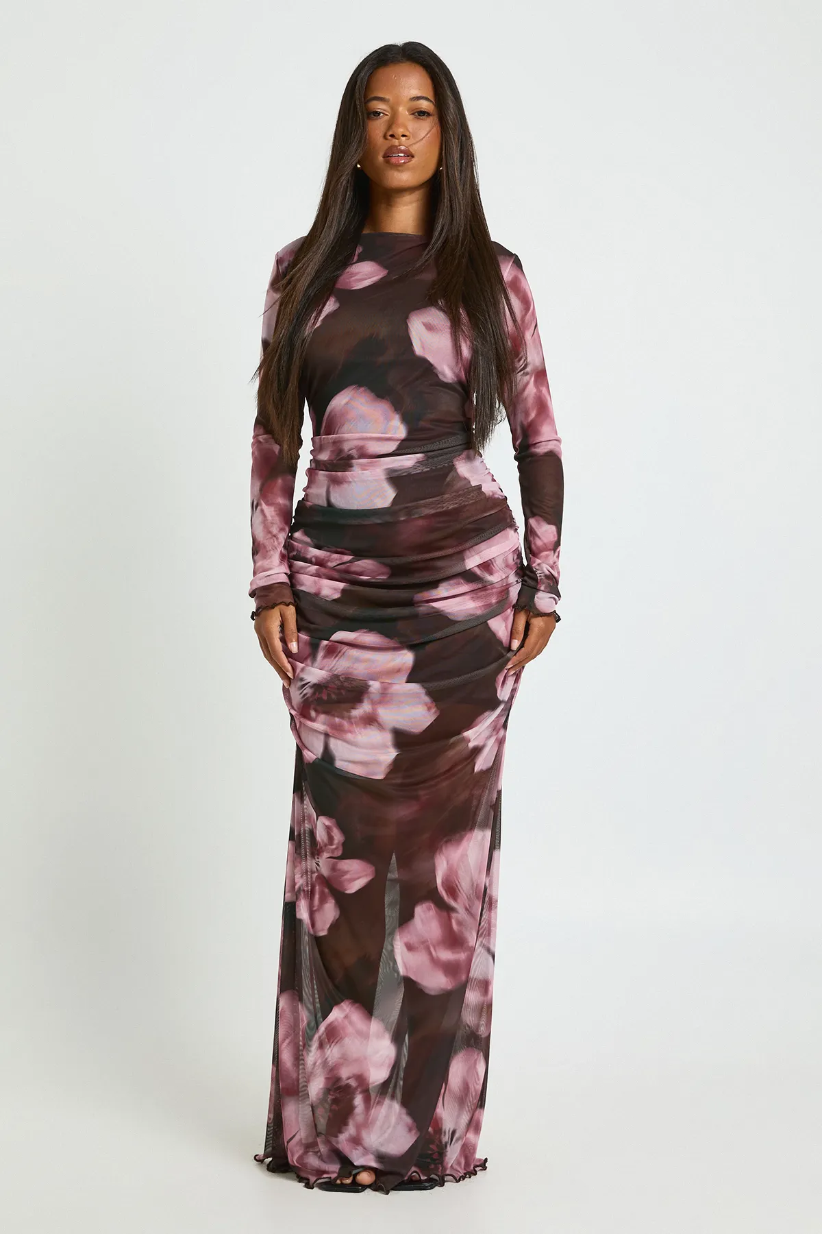 Chocolate Blommig Rynkad Mesh Maxiklänning