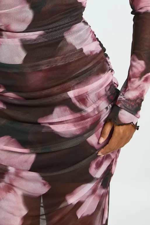 Chocolate Blommig Rynkad Mesh Maxiklänning