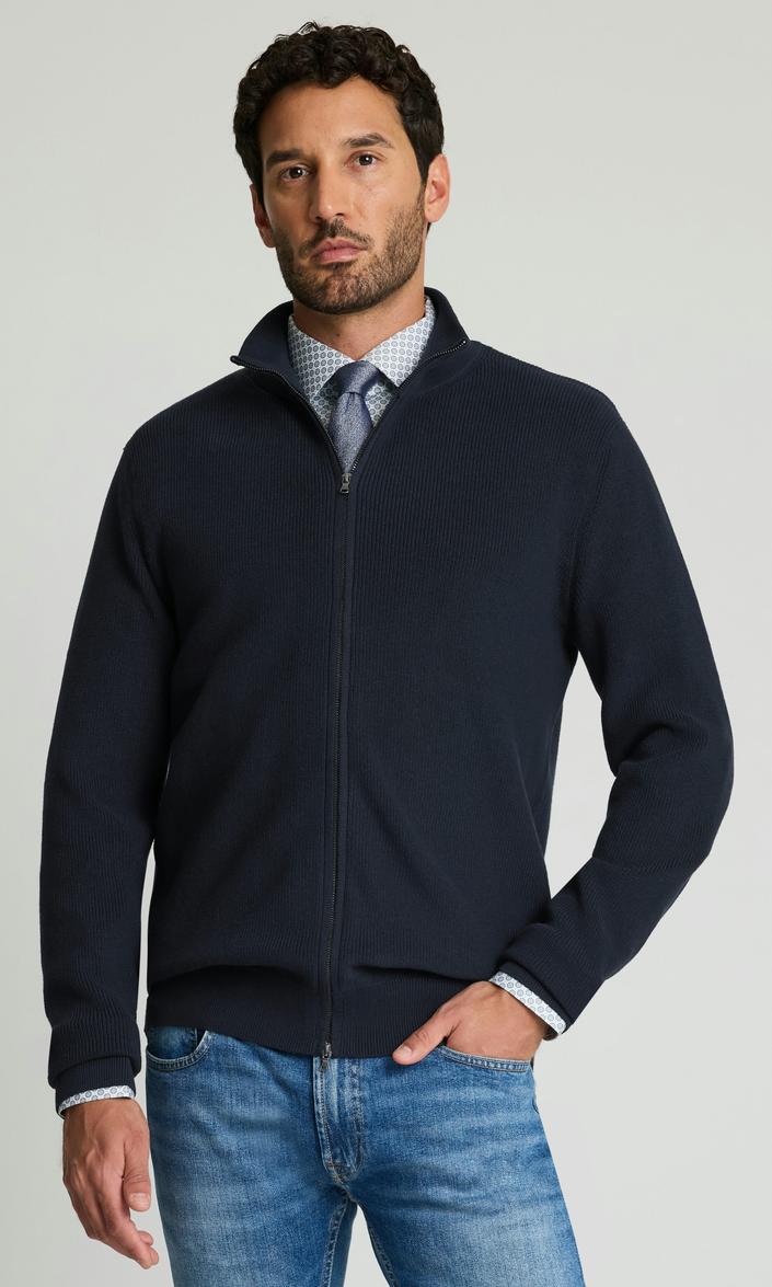 Marinblå stickad cardigan med dragkedja