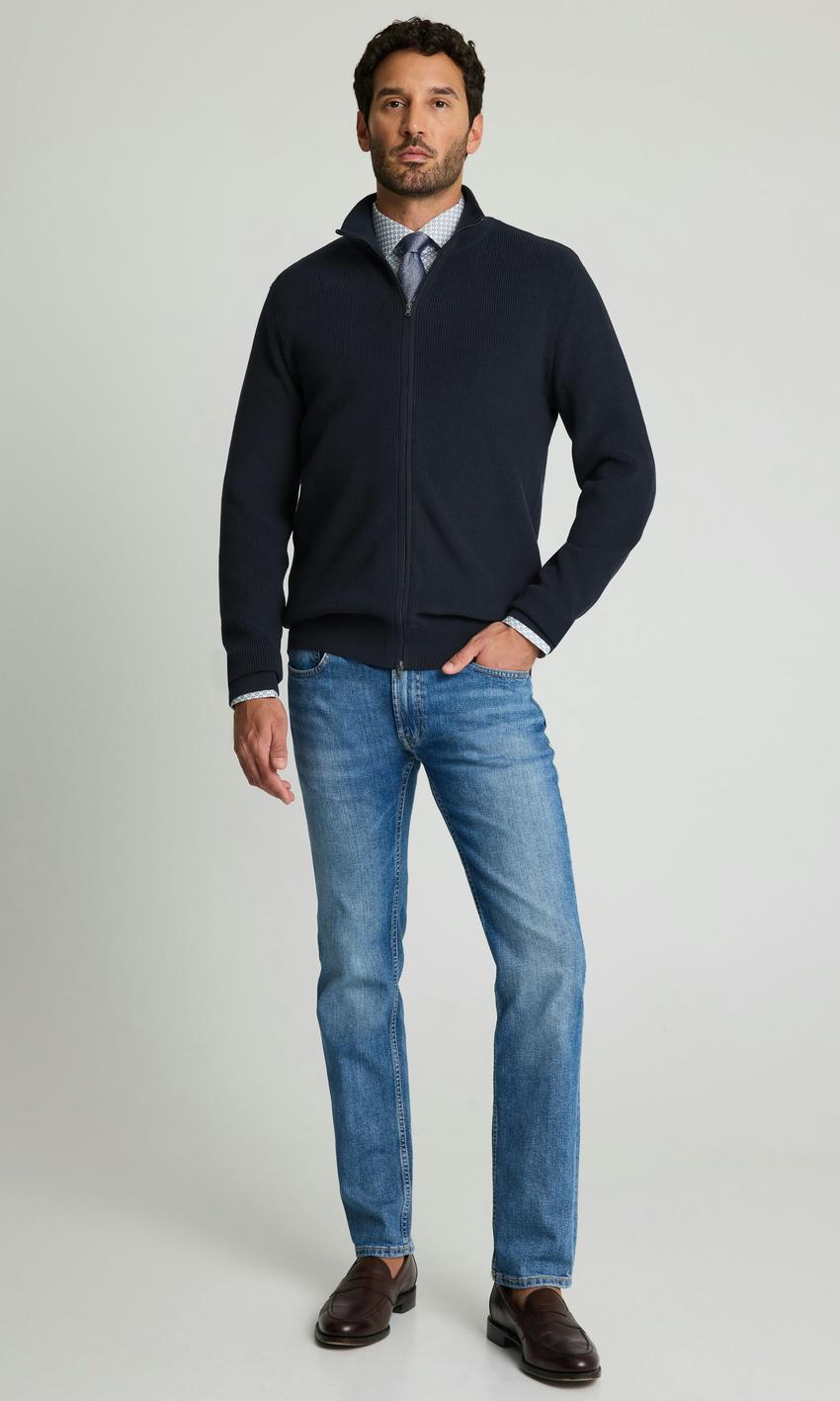 Marinblå stickad cardigan med dragkedja