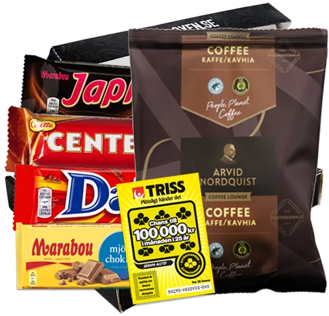 Födelsedagspaket med kaffe, choklad och Triss