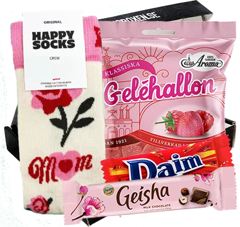 Elegant morsdagspresent med godis och strumpor