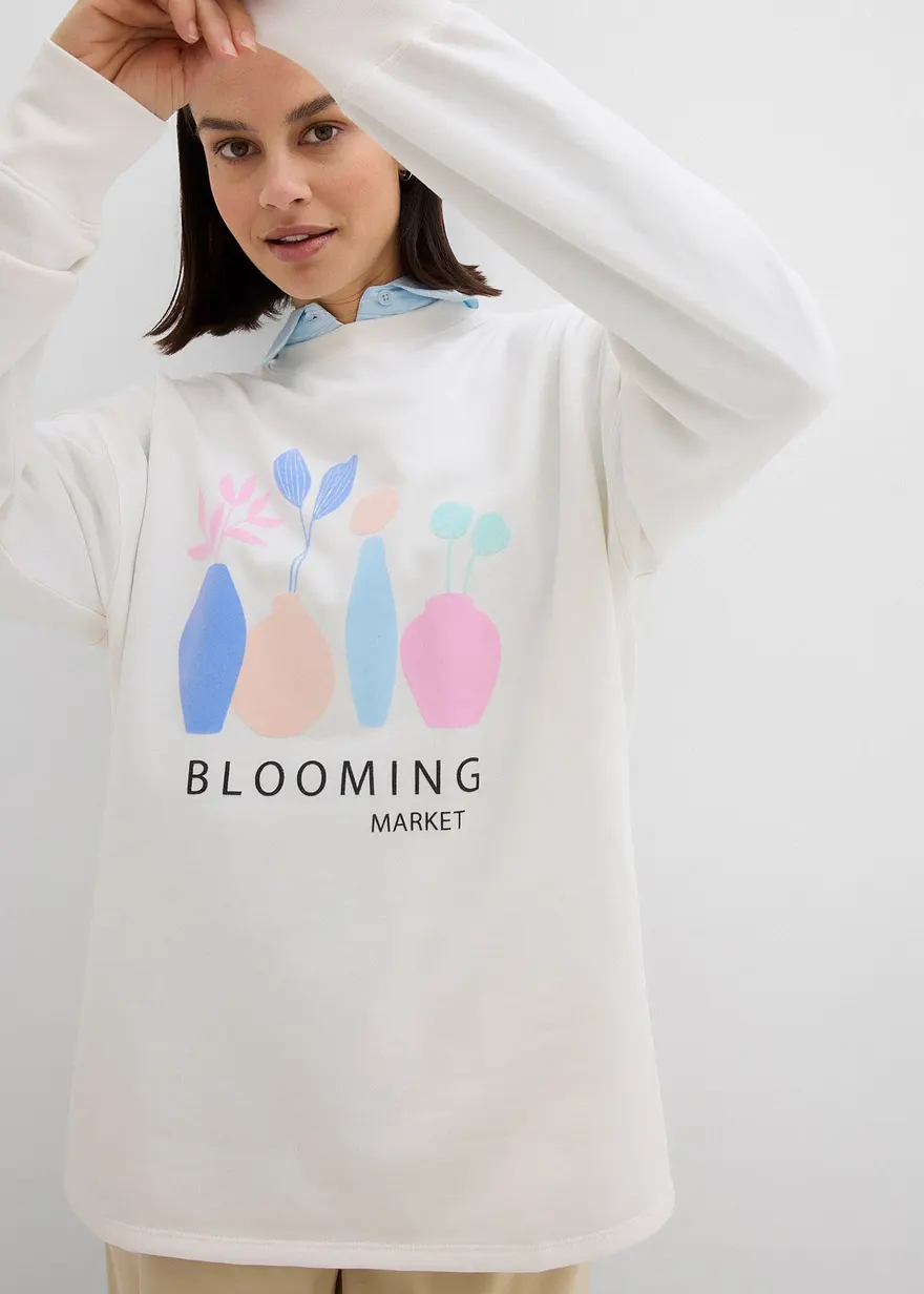 Ullvit långärmad sweatshirt med blommotiv